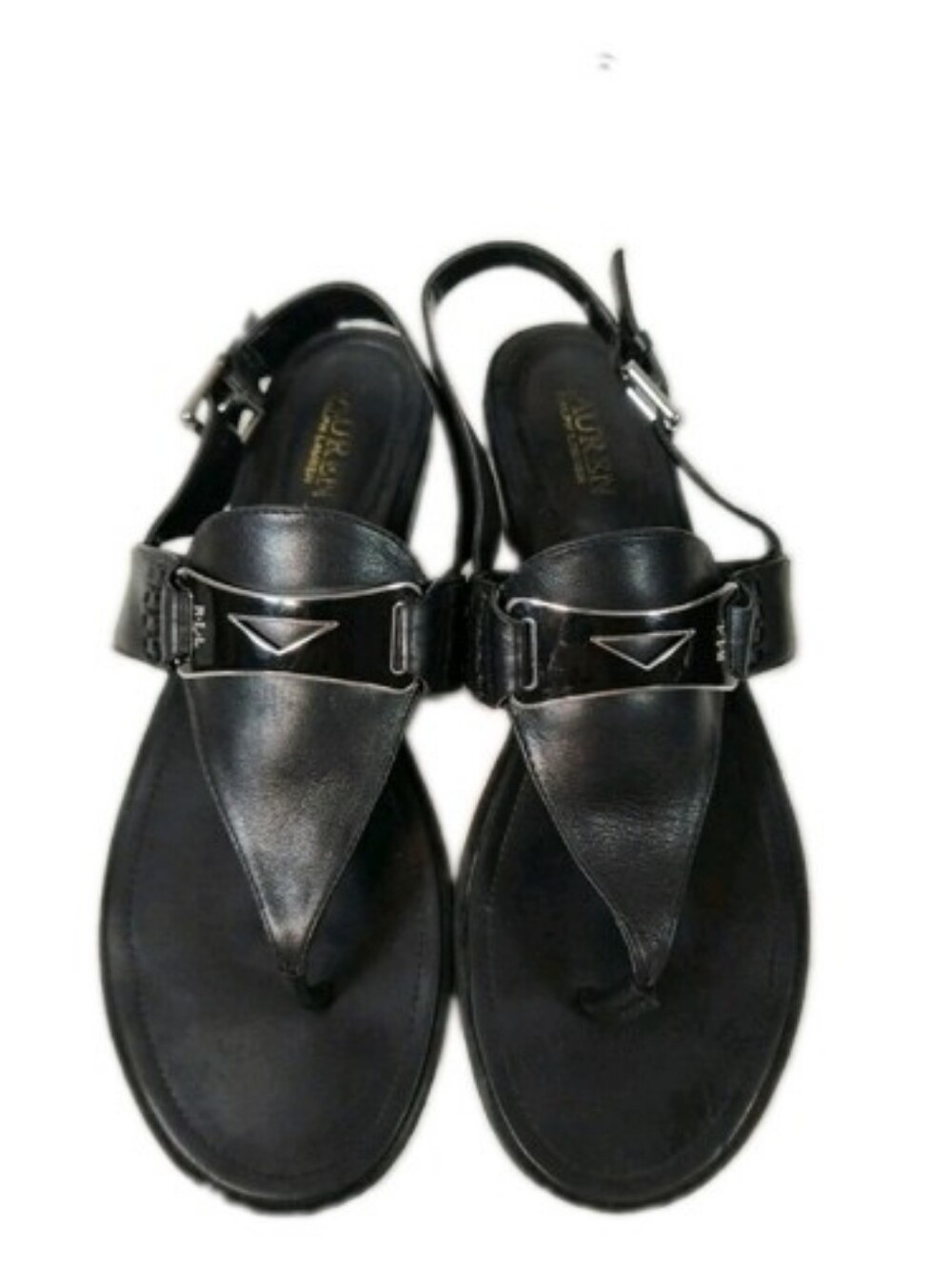 Lauren Ralph Lauren Dayna Black Leather Thong Sandals Logo Women's Size 8.5